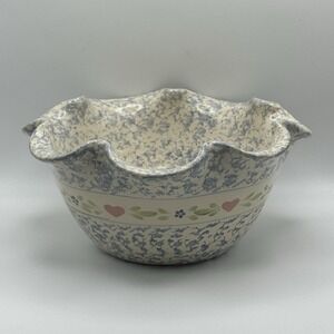 Marshall Pottery East Texas Spongeware Ruffled Bowl Blue Heart Folk Art 10.5"